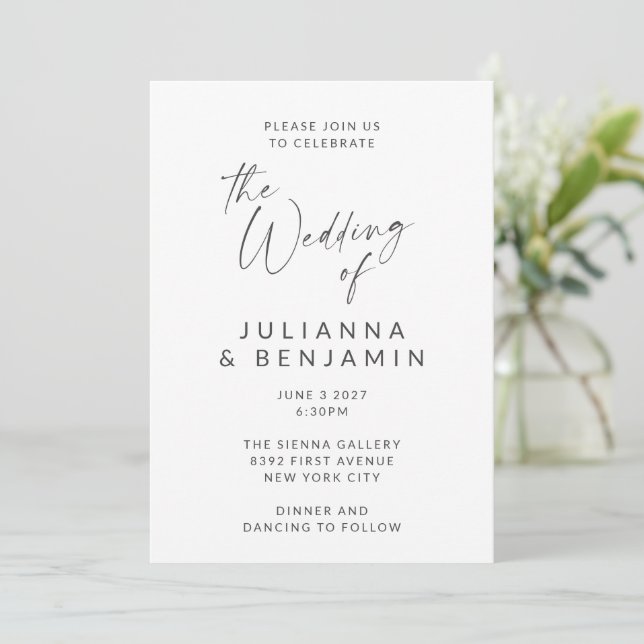 Minimalist Black and White Modern Script Wedding Invitation (Standing Front)
