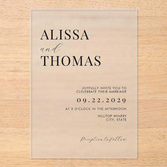 Minimalist Black and White Modern Wedding Acrylic Invitations (Front)