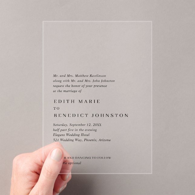 Minimalist Black and White Modern Wedding Acrylic Invitations (Insitu (Handheld))