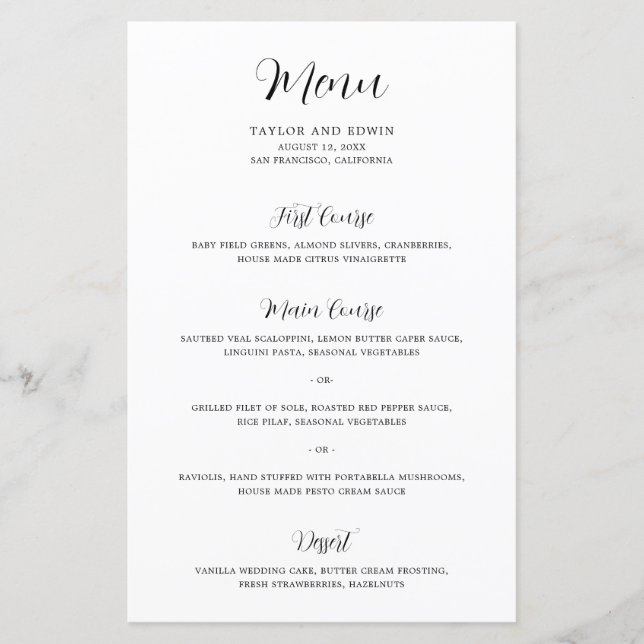 Minimalist Black and White Modern Wedding Menu (Front)