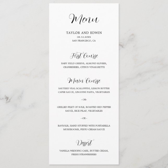 Minimalist Black and White Modern Wedding Menu (Front)