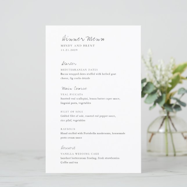 Minimalist Black and White Modern Wedding Menu (Standing Front)