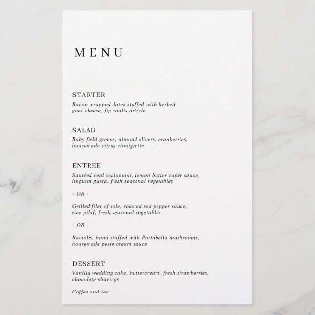 Minimalist Black and White Modern Wedding Menu Flyer (Front)
