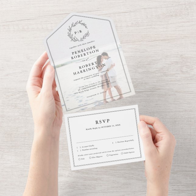 Minimalist Black and White Modern Wedding Photo All In One Invitation (Tearaway)