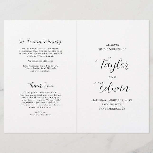 Minimalist Black and White Modern Wedding Program (Front)