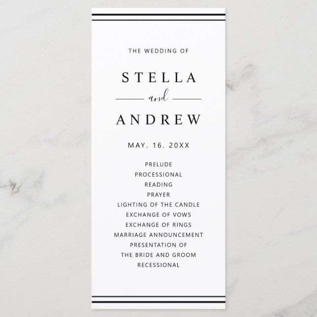 Minimalist Black and White Modern Wedding Program (Front)