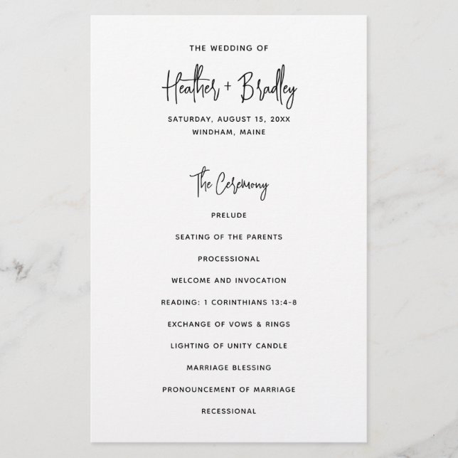 Minimalist Black and White Modern Wedding Program Flyer (Front)