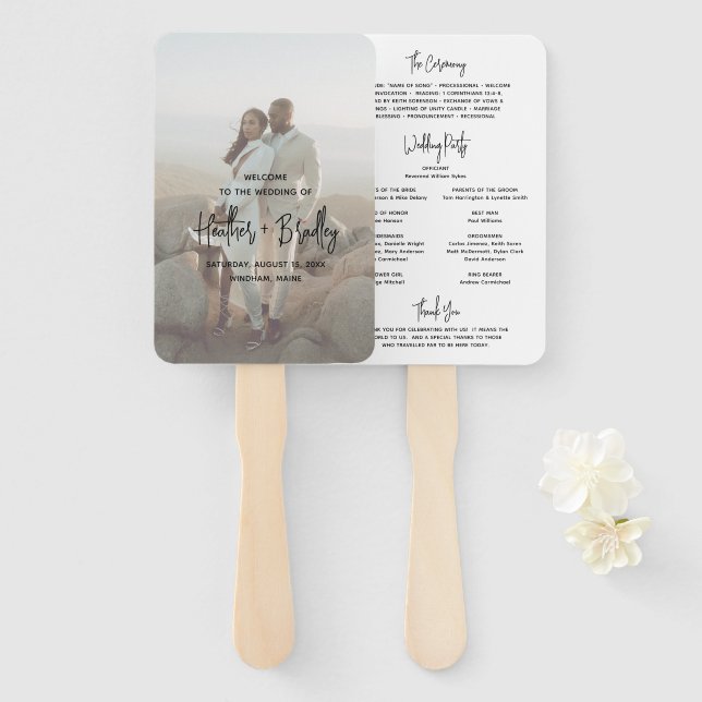 Minimalist Black and White Modern Wedding Program Hand Fan (Front and Back)