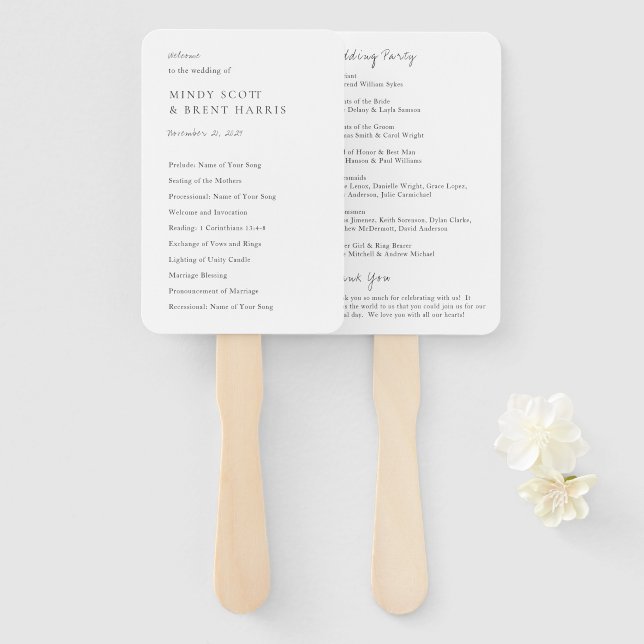 Minimalist Black and White Modern Wedding Program Hand Fan (Front and Back)