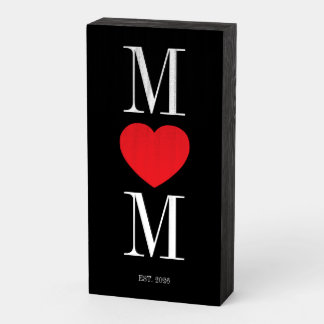 Minimalist Black and White Mom with Red Heart Wooden Box Sign
