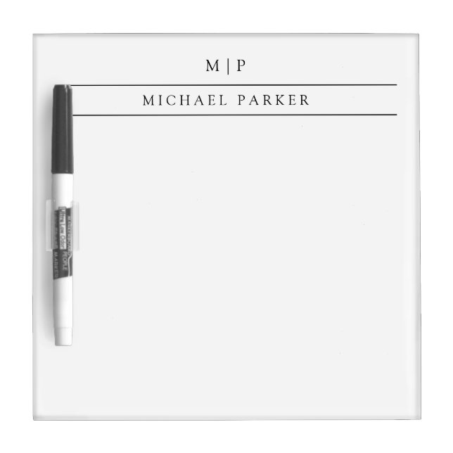 Minimalist Black and White | Monogram and Name Dry Erase Board (Front)