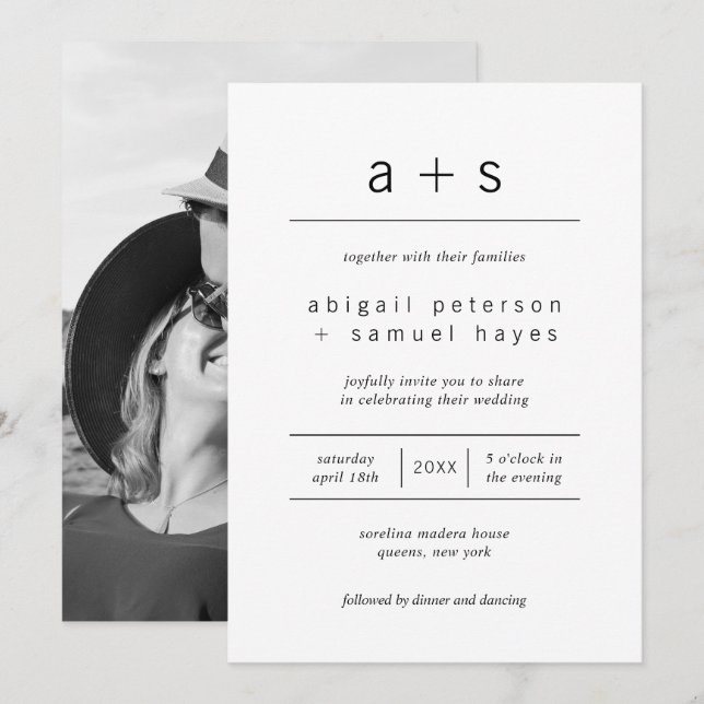 Minimalist Black and White Monogram Photo Wedding Invitation (Front/Back)