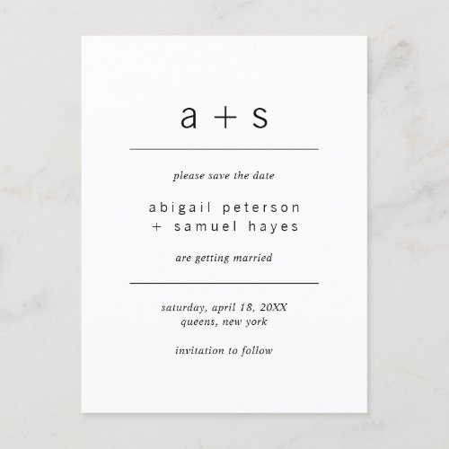 Minimalist Black and White Monogram Save the Date Announcement Postcard