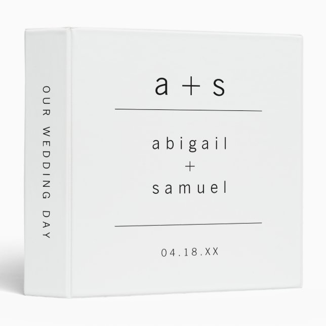 Minimalist Black and White Monogram Wedding 3 Ring Binder (Front/Spine)