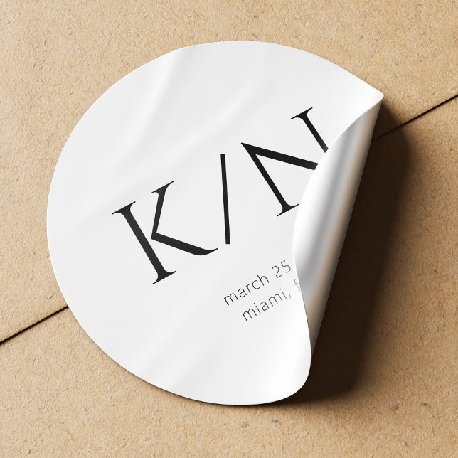 Minimalist black and white monogrammed wedding  classic round sticker (Creator Uploaded)