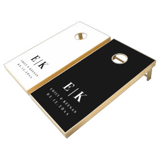 Minimalist Black And White Personalized Wedding Cornhole Set