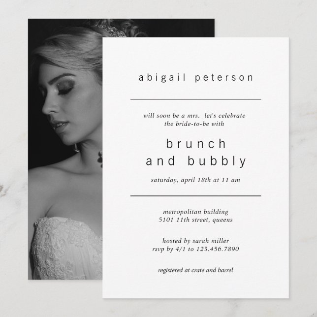 Minimalist Black and White Photo Bridal Brunch Invitation (Front/Back)