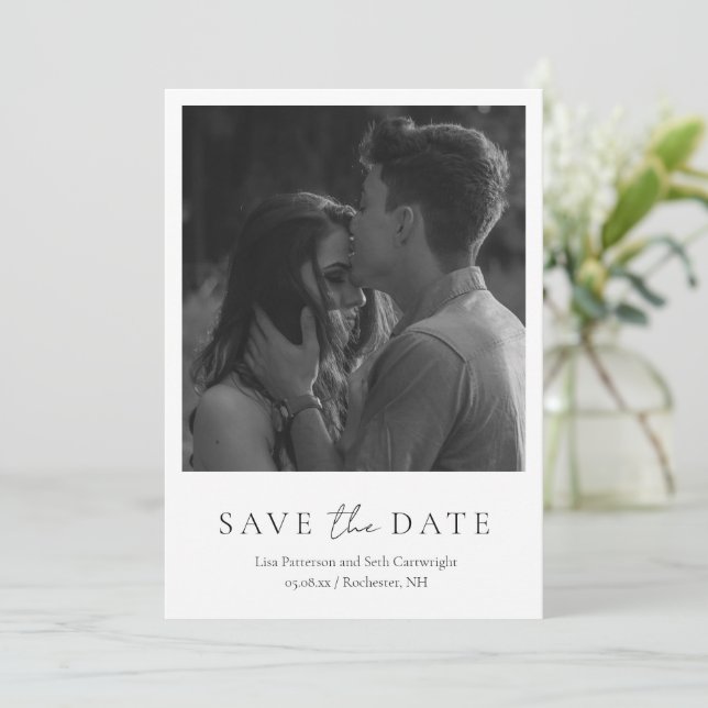 Minimalist Black and White Photo Classic Wedding Save The Date (Standing Front)
