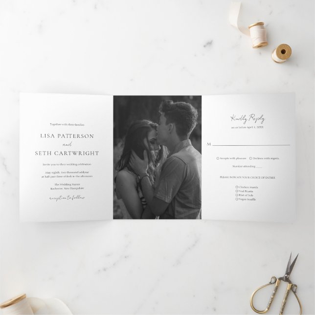 Minimalist Black and White Photo Classic Wedding Tri-Fold Invitation (Inside)
