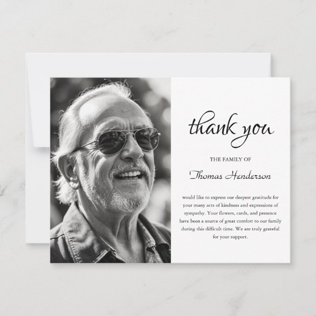 Minimalist Black and White Photo Funeral Thank You Card (Front)