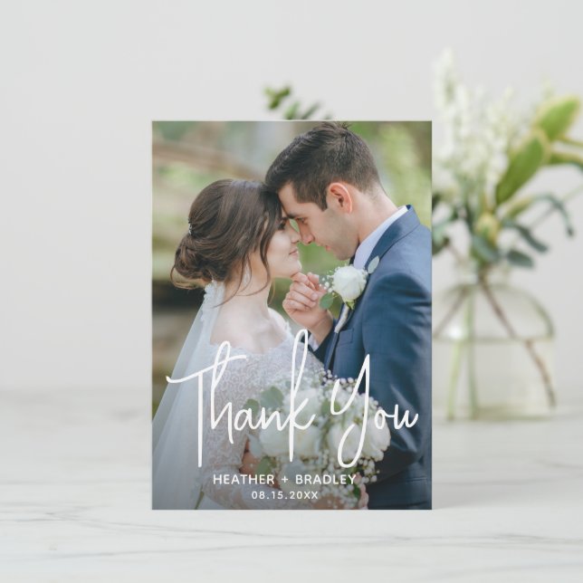 Minimalist Black and White Photo Modern Wedding Thank You Card (Standing Front)