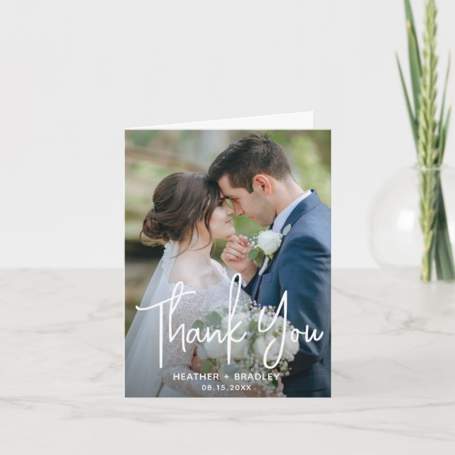 Minimalist Black and White Photo Modern Wedding Thank You Card (Front)