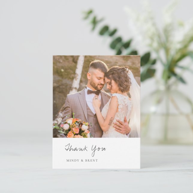 Minimalist Black and White Photo Modern Wedding Thank You Card (Standing Front)