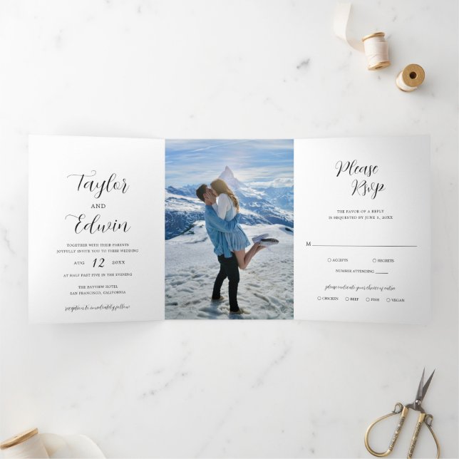 Minimalist Black and White Photo Modern Wedding Tri-Fold Invitation (Inside)