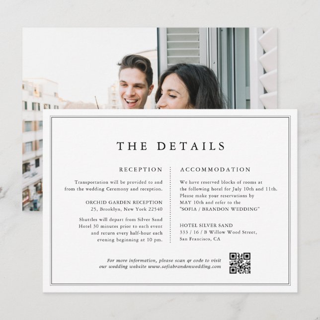 Minimalist Black and White  Photo Wedding Details Enclosure Card (Front/Back)