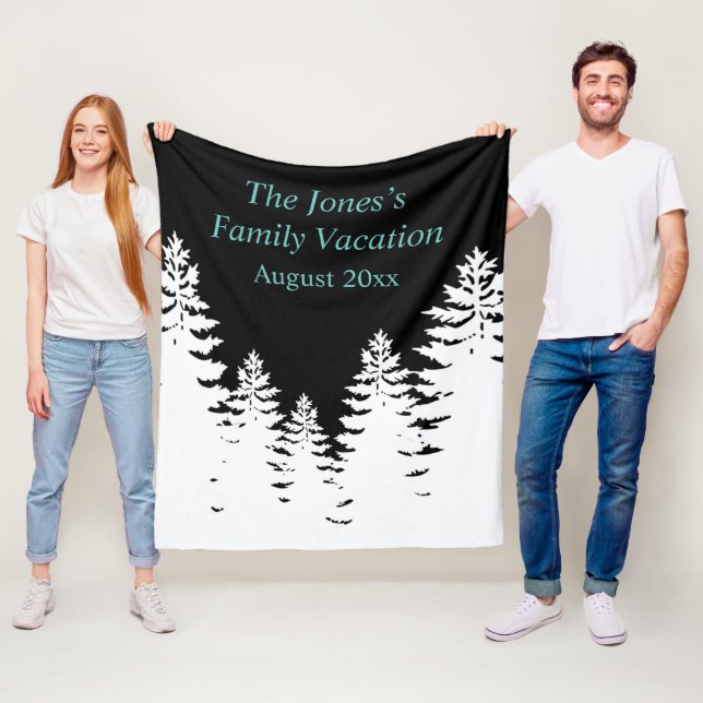 Minimalist black and white pine tree personalized  fleece blanket (In Situ)
