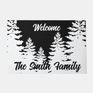 Minimalist black and white pine tree silhouette    doormat