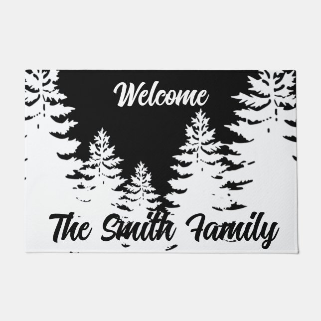 Minimalist black and white pine tree silhouette    doormat (Front)