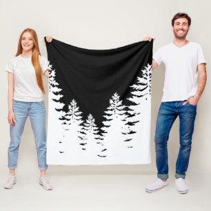 Minimalist black and white pine tree silhouette fleece blanket