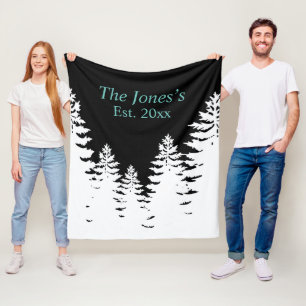 Minimalist black and white pine tree silhouette fleece blanket
