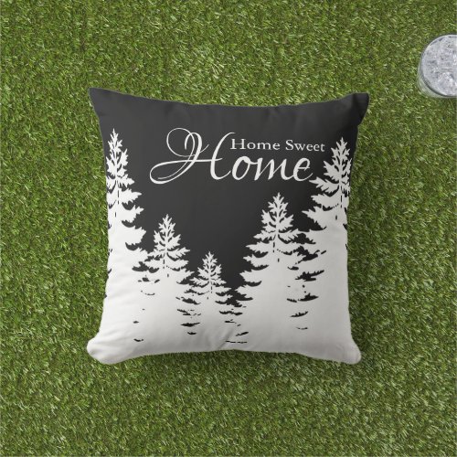 Minimalist black and white pine tree silhouette    outdoor pillow