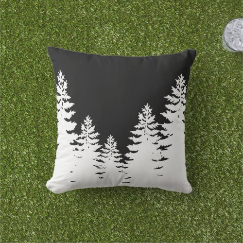 Minimalist black and white pine tree silhouette  outdoor pillow