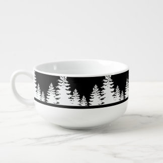 Minimalist black and white pine tree silhouette soup mug