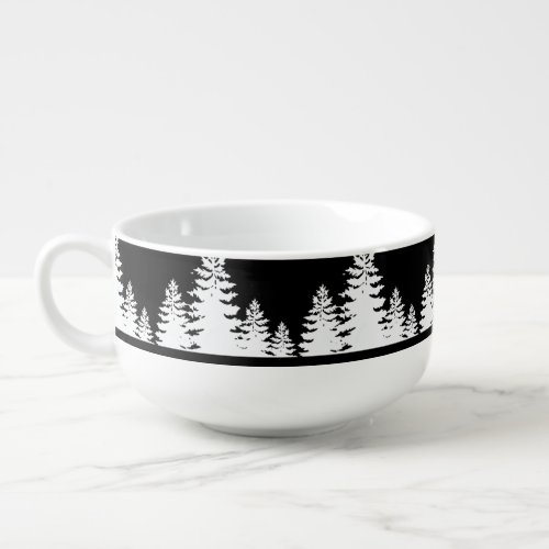 Minimalist black and white pine tree silhouette    soup mug