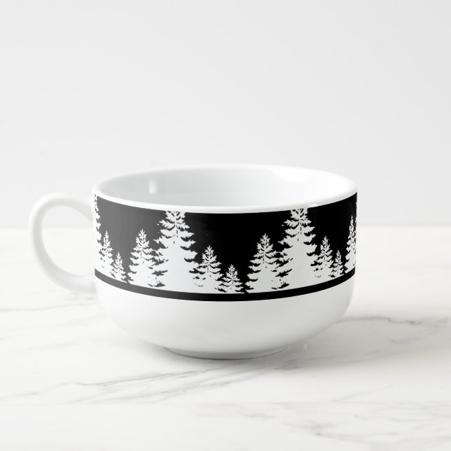Minimalist black and white pine tree silhouette    soup mug (Right)
