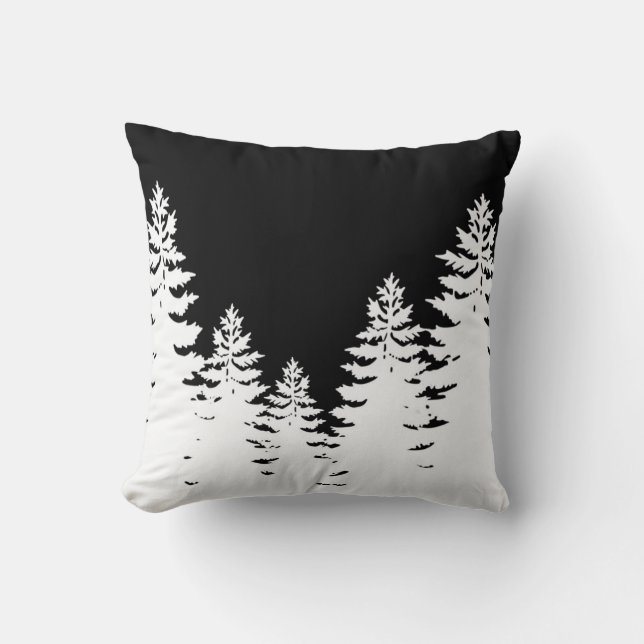 Minimalist black and white pine tree silhouette  throw pillow (Front)