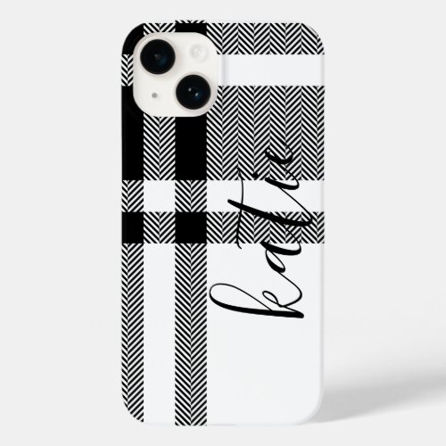 Minimalist Black and White Plaid Custom Name Case_Mate iPhone 14 Case