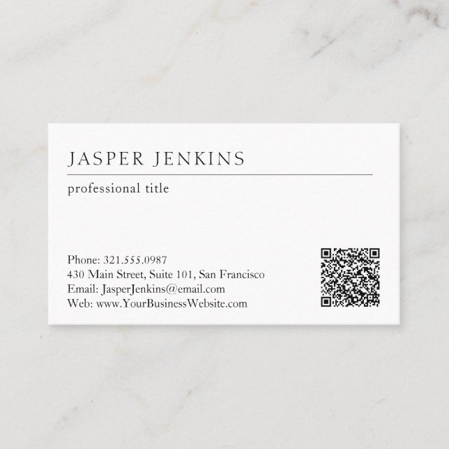 Minimalist Black and White QR Code Modern Business Card (Front)
