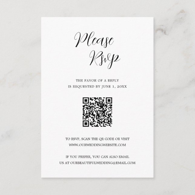 Minimalist Black and White QR Code Modern Wedding RSVP Card (Front)