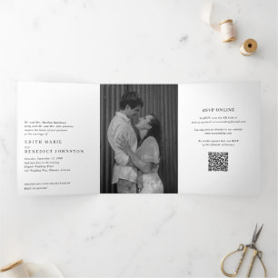 Minimalist Black and White QR Code Photo Wedding Tri-Fold Invitation