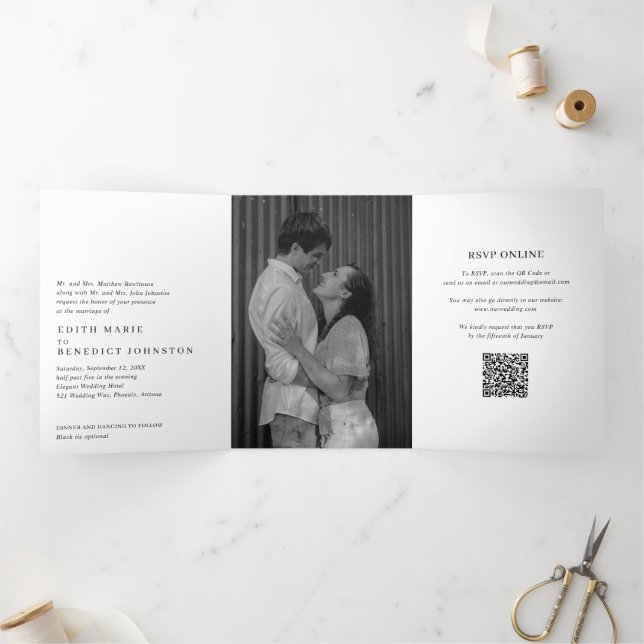 Minimalist Black and White QR Code Photo Wedding Tri-Fold Invitation (Inside)