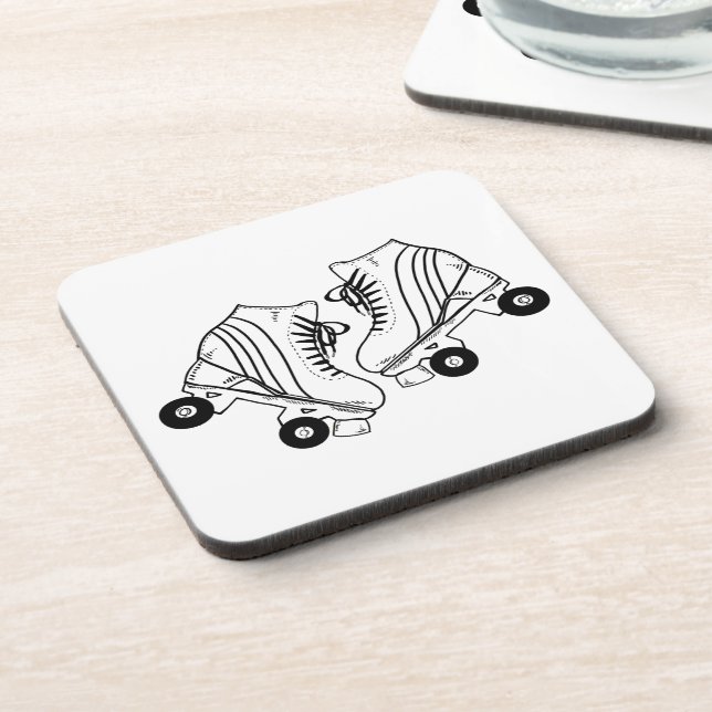 Minimalist Black And White Roller Skates Drawing Beverage Coaster (Left Side)