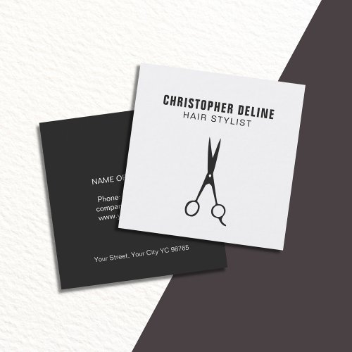 Minimalist Black and White Scissor Hair Stylist Square Business Card