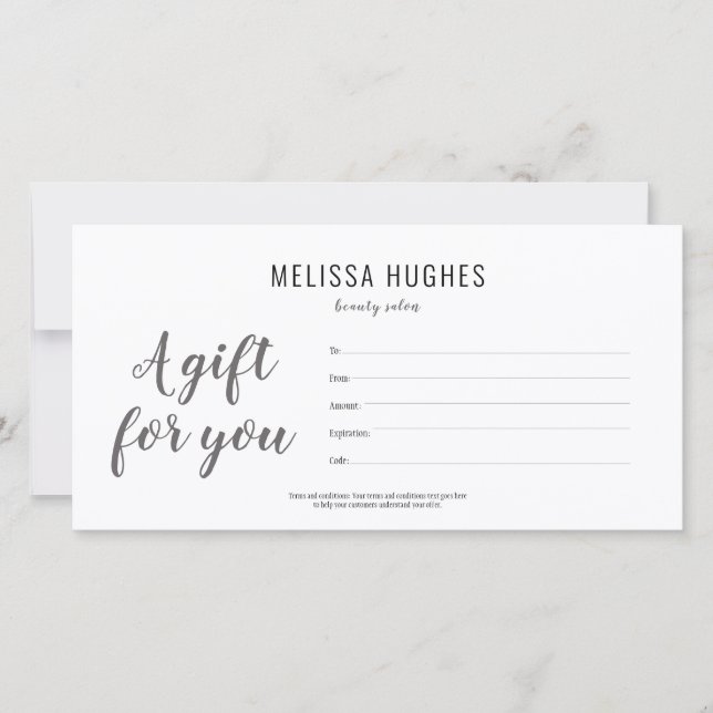 Minimalist Black and White Script Gift Certificate (Front)
