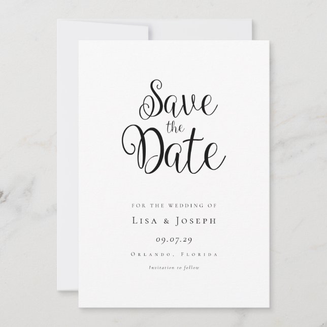 Minimalist Black and White Script Save the Date Invitation (Front)