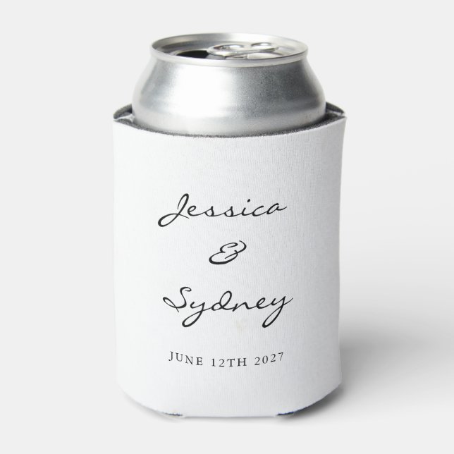 Minimalist Black and White Script Wedding Custom Can Cooler (Can Front)